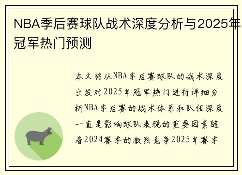 NBA季后赛球队战术深度分析与2025年冠军热门预测